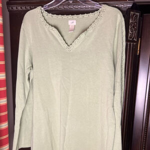 J. jill Women's V-Neck Lace Trim Top - Green 100% Cotton